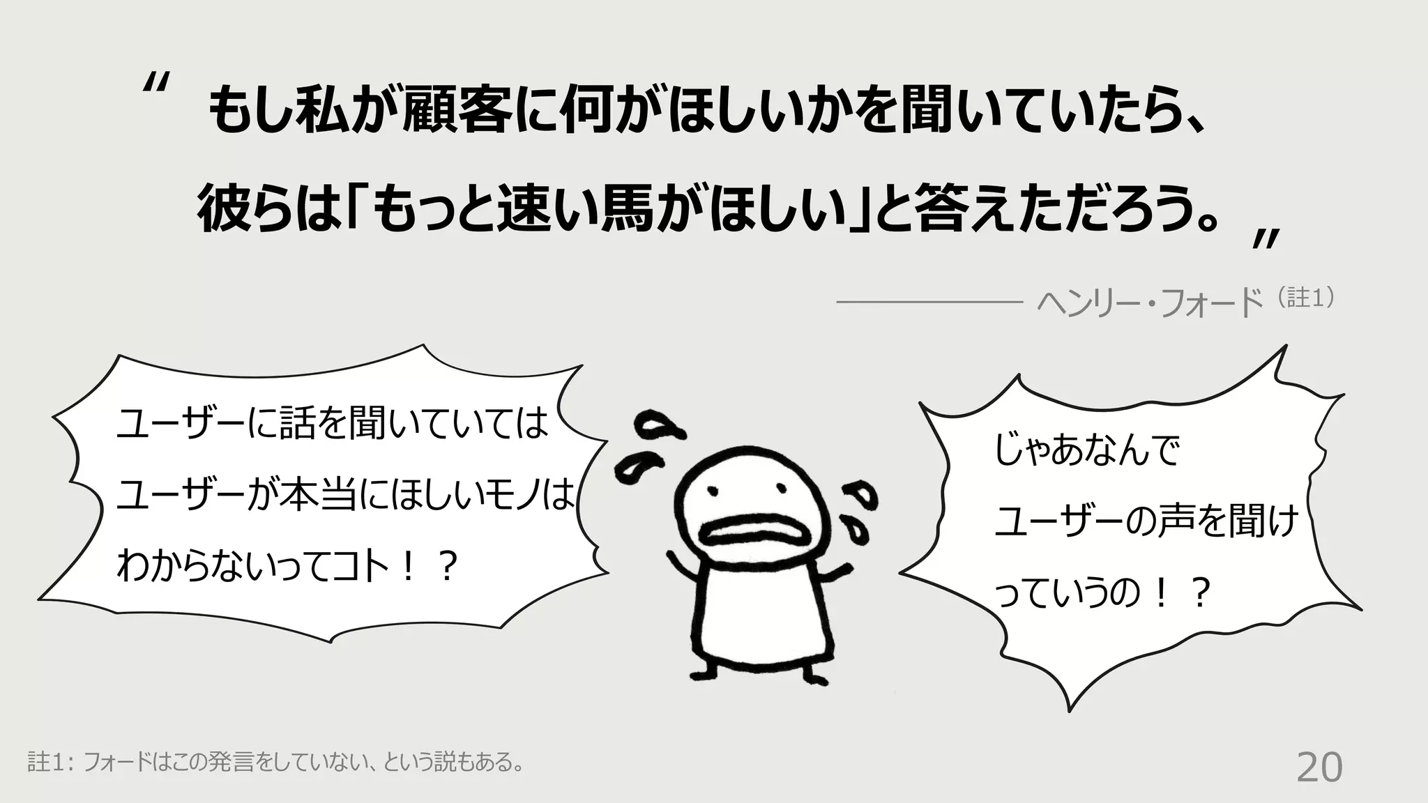 20
註1: フォードはこの発⾔をしていない、という説もある。
もし私が顧客に何がほしいかを聞いていたら、
彼らは「もっと速い⾺がほしい」と答えただろう。
ヘンリー・フォード（註1）
“
”
ユーザーに話を聞いていては
ユーザーが本当にほしいモノは
わからないってコト︕︖
じゃあなんで
ユーザーの声を聞け
っていうの︕︖
 