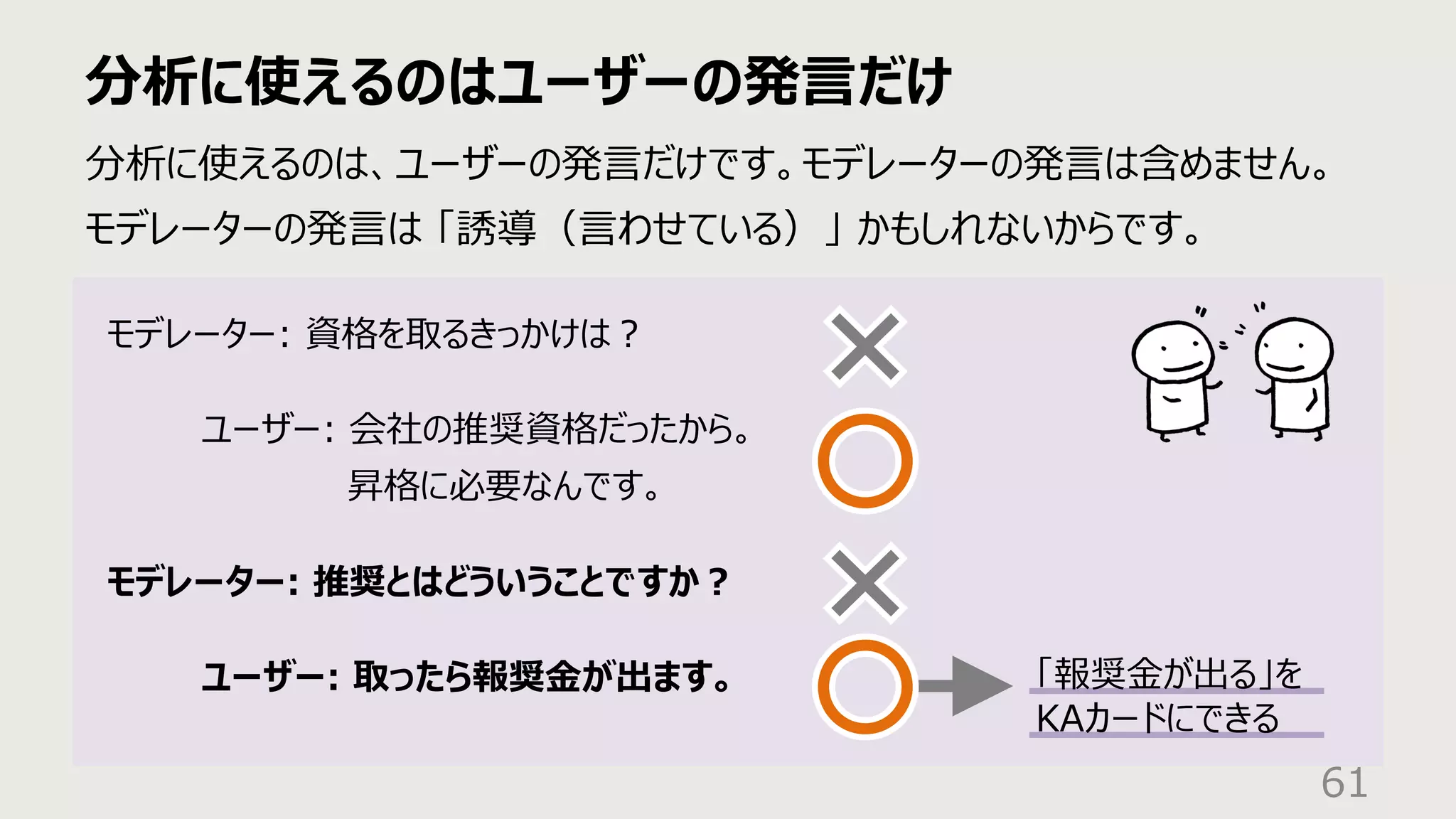 分析に使えるのはユーザーの発⾔だけ
61
分析に使えるのは、ユーザーの発⾔だけです。モデレーターの発⾔は含めません。
モデレーターの発⾔は 「誘導（⾔わせている）」 かもしれないからです。
モデレーター: 資格を取るきっかけは︖
ユーザー: 会社の推奨資格だったから。
昇格に必要なんです。
モデレーター: 推奨とはどういうことですか︖
ユーザー: 取ったら報奨⾦が出ます。 「報奨⾦が出る」を
KAカードにできる
 
