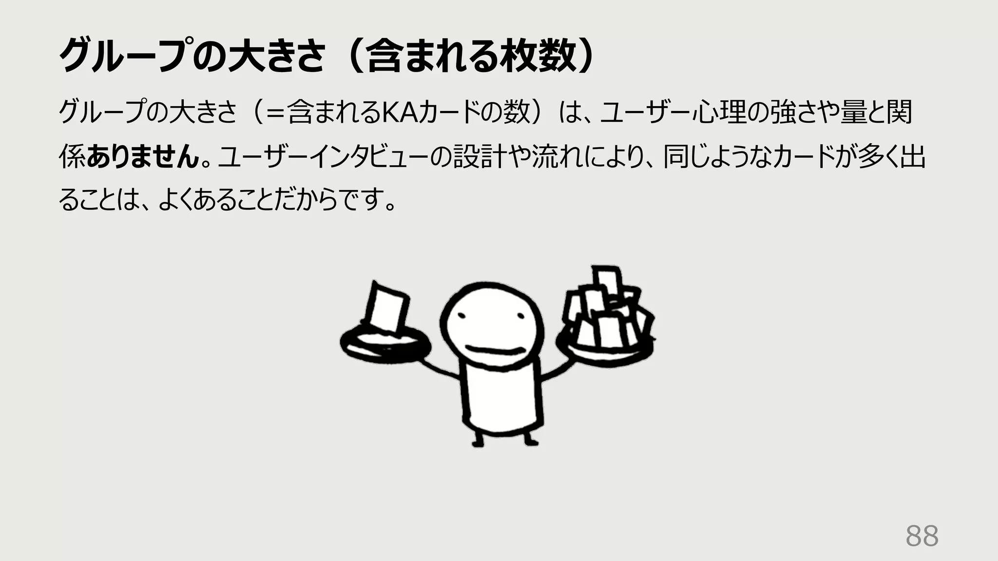 グループの⼤きさ（含まれる枚数）
88
グループの⼤きさ（=含まれるKAカードの数）は、ユーザー⼼理の強さや量と関
係ありません。ユーザーインタビューの設計や流れにより、同じようなカードが多く出
ることは、よくあることだからです。
 