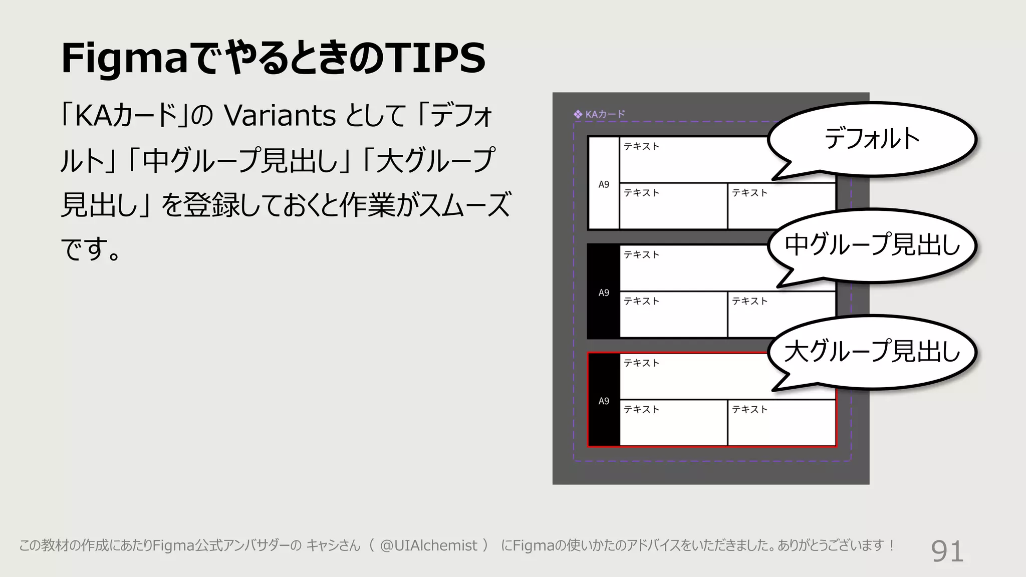 FigmaでやるときのTIPS
91
「KAカード」の Variants として 「デフォ
ルト」 「中グループ⾒出し」 「⼤グループ
⾒出し」 を登録しておくと作業がスムーズ
です。
デフォルト
中グループ⾒出し
⼤グループ⾒出し
この教材の作成にあたりFigma公式アンバサダーの キャシさん（ @UIAlchemist ） にFigmaの使いかたのアドバイスをいただきました。ありがとうございます︕
 