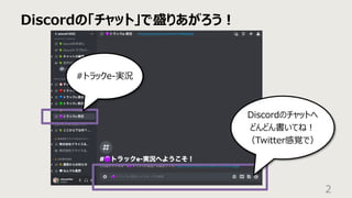 Discordの「チャット」で盛りあがろう︕
2
Discordのチャットへ
どんどん書いてね︕
（Twitter感覚で）
#トラックe-実況
 