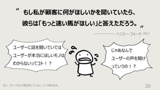 20
註1: フォードはこの発⾔をしていない、という説もある。
もし私が顧客に何がほしいかを聞いていたら、
彼らは「もっと速い⾺がほしい」と答えただろう。
ヘンリー・フォード（註1）
“
”
ユーザーに話を聞いていては
ユーザーが本当にほしいモノは
わからないってコト︕︖
じゃあなんで
ユーザーの声を聞け
っていうの︕︖
 