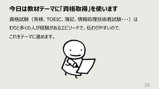 今⽇は教材テーマに「資格取得」を使います
30
資格試験（英検、TOEIC、簿記、情報処理技術者試験・・・）は
わりと多くの⼈が経験があるエピソードで、伝わりやすいので、
これをテーマに進めます。
 