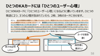 ひとつのKAカードには 「ひとつのユーザー⼼理」
58
ひとつのKAカードに 「ひとつのユーザー⼼理」 になるように書いていきます。ひとつの
発話に2つ、3つの⼼理が含まれていたら、2枚、3枚のカードに分けます。
カードを複数
書く
実⼒を証明
したい
履歴書に
書きたい
 