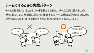 チームでするときの失敗パターン
90
チームで作業しているときは、カードを動かすときには、チーム全員に伝えましょう。
黙って動かしたり、無意識に分かれて作業すると、全体の構造がどうなっているのか、
わからなくなります。カードを動かすときは「思考を声を出す」ようにします。
・・・
・・・
このカードの
⼼理は・・・
 