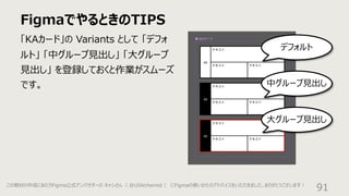 FigmaでやるときのTIPS
91
「KAカード」の Variants として 「デフォ
ルト」 「中グループ⾒出し」 「⼤グループ
⾒出し」 を登録しておくと作業がスムーズ
です。
デフォルト
中グループ⾒出し
⼤グループ⾒出し
この教材の作成にあたりFigma公式アンバサダーの キャシさん（ @UIAlchemist ） にFigmaの使いかたのアドバイスをいただきました。ありがとうございます︕
 