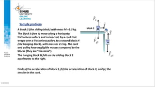 Sample problem
2/3/2023
A block S (the sliding block) with mass M =3.3 kg.
The block is free to move along a horizontal
fr...