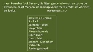 naast Barnabas +ook Simeon, die Niger genoemd wordt, en Lucius de
Cyreneeër, naast Manaën, de samengevoede met Herodes de viervorst,
en Saulus. Handelingen 13:1b
profeten en leraren:
5 = 4 + 1
Barnabas – zoon
van profetie
Simeon: horende
Niger: zwart
Lucius: licht
Manaën - Menachem
vertrooster
Saulus: gevraagd
 