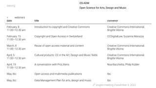 OS-ADM
Open Science for Arts, Design and Music
> webinars
training
2° project meeting | November 3, 2022
date title conven...