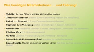 - Vorbilder, die neue Führung und New Work erlebbar machen
- Zutrauen und Vertrauen (entsteht durch Verantwortung abgeben und Transparenz)
- Freiheit und Sicherheit (z.B. zum Experimentieren und Gestalten)
- Inspiration durch Vernetzung (digitale Verknüpfungen in Sozialen Netzwerken)
- Gemeinschaft (emotionale Sicherheit in Teams, Beteiligung an Communities und Netzwerken)
- Erlebbare Werte (z.B. Unternehmenswerte)
- Guidance (Zuhören, Richtungsklärung und Sinnklärung – beteiligend)
- Zeit und Priorität für Lernen und Üben! (vorgelebt durch die Führungskraft)
- Eigene Projekte, Themen an denen sie wachsen können (Mit Ende-zu-Ende Verantwortung inkl
Budget)
Was benötigen MitarbeiterInnen … und Führung!
 