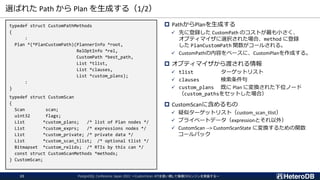選ばれた Path から Plan を生成する（1/2）
PostgreSQL Conference Japan 2022 ～CustomScan APIを使い倒して俺様DBエンジンを実装する～
22
typedef struct CustomPathMethods
{
:
Plan *(*PlanCustomPath)(PlannerInfo *root,
RelOptInfo *rel,
CustomPath *best_path,
List *tlist,
List *clauses,
List *custom_plans);
:
}
typedef struct CustomScan
{
Scan scan;
uint32 flags;
List *custom_plans; /* list of Plan nodes */
List *custom_exprs; /* expressions nodes */
List *custom_private; /* private data */
List *custom_scan_tlist; /* optional tlist */
Bitmapset *custom_relids; /* RTIs by this can */
const struct CustomScanMethods *methods;
} CustomScan;
 PathからPlanを生成する
✓ 先に登録した CustomPath のコストが最も小さく、
オプティマイザに選択された場合、method に登録
した PlanCustomPath 関数がコールされる。
✓ CustomPathの内容をベースに、CustomPlanを作成する。
 オプティマイザから渡される情報
✓ tlist ターゲットリスト
✓ clauses 検索条件句
✓ custom_plans 既に Plan に変換された下位ノード
（custom_pathsをセットした場合）
 CustomScanに含めるもの
✓ 疑似ターゲットリスト（custom_scan_tlist）
✓ プライベートデータ（expressionとそれ以外）
✓ CustomScan --> CustomScanState に変換するための関数
コールバック
 