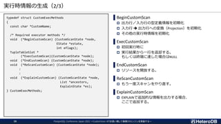 実行時情報の生成（2/3）
PostgreSQL Conference Japan 2022 ～CustomScan APIを使い倒して俺様DBエンジンを実装する～
30
typedef struct CustomExecMethods
{
const char *CustomName;
/* Required executor methods */
void (*BeginCustomScan) (CustomScanState *node,
EState *estate,
int eflags);
TupleTableSlot *
(*ExecCustomScan)(CustomScanState *node);
void (*EndCustomScan) (CustomScanState *node);
void (*ReScanCustomScan) (CustomScanState *node);
:
:
void (*ExplainCustomScan) (CustomScanState *node,
List *ancestors,
ExplainState *es);
} CustomExecMethods;
▌BeginCustomScan
 出力行／入力行の型定義情報を初期化
 入力行 ➔ 出力行への変換（Projection）を初期化
 その他の実行時情報を初期化
▌ExecCustomScan
 初回実行時に
 実行結果から一行を返却する。
もしくは終端に達した場合はNULL
▌EndCustomScan
 リソースを開放する。
▌ReScanCustomScan
 もう一度スキャンをやり直す。
▌ExplainCustomScan
 EXPLAINで追加的な情報を出力する場合、
ここで追加する。
 
