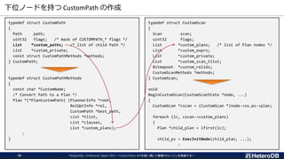下位ノードを持つ CustomPath の作成
PostgreSQL Conference Japan 2022 ～CustomScan APIを使い倒して俺様DBエンジンを実装する～
39
typedef struct CustomPath
{
Path path;
uint32 flags; /* mask of CUSTOMPATH_* flags */
List *custom_paths; /* list of child Path */
List *custom_private;
const struct CustomPathMethods *methods;
} CustomPath;
typedef struct CustomPathMethods
{
const char *CustomName;
/* Convert Path to a Plan */
Plan *(*PlanCustomPath) (PlannerInfo *root,
RelOptInfo *rel,
CustomPath *best_path,
List *tlist,
List *clauses,
List *custom_plans);
:
}
typedef struct CustomScan
{
Scan scan;
uint32 flags;
List *custom_plans; /* list of Plan nodes */
List *custom_exprs;
List *custom_private;
List *custom_scan_tlist;
Bitmapset *custom_relids;
CustomScanMethods *methods;
} CustomScan;
void
BeginCustomScan(CustomScanState *node, ...)
{
CustomScan *cscan = (CustomScan *)node->ss.ps->plan;
foreach (lc, cscan->custom_plans)
{
Plan *child_plan = lfirst(lc);
child_ps = ExecInitNode(child_plan, ...);
:
 