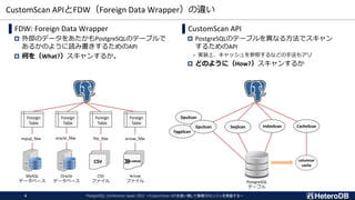 CustomScan APIとFDW（Foreign Data Wrapper）の違い
▌FDW: Foreign Data Wrapper
 外部のデータをあたかもPostgreSQLのテーブルで
あるかのように読み書きするためのAPI
 何を（What?）スキャンするか。
▌CustomScan API
 PostgreSQLのテーブルを異なる方法でスキャン
するためのAPI
✓ 実装上、キャッシュを参照するなどの手法もアリ
 どのように（How?）スキャンするか
Foreign
Table
Foreign
Table
Foreign
Table
Foreign
Table
CSV
mysql_fdw oracle_fdw file_fdw arrow_fdw
MySQL
データベース
Oracle
データベース
CSV
ファイル
Arrow
ファイル PostgreSQL
テーブル
SeqScan IndexScan CacheScan
FpgaScan
DpuScan
GpuScan
columnar
cache
PostgreSQL Conference Japan 2022 ～CustomScan APIを使い倒して俺様DBエンジンを実装する～
4
 