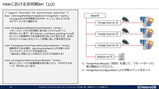FDWにおける非同期API（2/2）
PostgreSQL Conference Japan 2022 ～CustomScan APIを使い倒して俺様DBエンジンを実装する～
44
/* Support functions for asynchronous execution */
bool IsForeignPathAsyncCapable(ForeignPath *path);
ForeignPathが非同期実行をサポートしているかどうかを
オプティマイザに通知する
void ForeignAsyncRequest(AsyncRequest *areq);
リモートサーバから非同期に受け取ったタプルを一つ、
呼び出し元へ返す、またはareq->callback_pending=trueを
セットして結果待ちである事を呼び出し元に知らせる、あるい
はスロットにNULLをセットして終端に達した事を知らせる。
void ForeignAsyncConfigureWait(AsyncRequest *areq);
結果待ちである場合、WaitEventSetWait()の対象となる
ファイルディスクリプタを追加する。
（読み出し可能となった時点でプロセスが起床する）
void ForeignAsyncNotify(AsyncRequest *areq);
新たにリモートから処理結果を受け取ったら、そのタプルを
一つ、呼び出し元へ返す。
① ForeignAsyncRequest（初回）を通じて、リモートサーバに
実行開始のリクエスト。
② ForeignAsyncConfigureWaitにより同期イベントをセット
Append
Foreign Scan on ①
Foreign Scan on ②
Foreign Scan on ③
SeqScan on ④
 