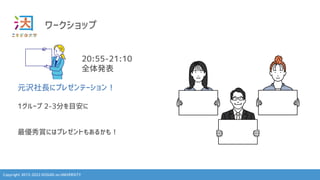 Copyright 2013-2022 KOSUGI no UNIVERSITY
ワークショップ
20:55-21:10
全体発表
元沢社長にプレゼンテーション！
1グループ 2-3分を目安に
最優秀賞にはプレゼントもあるかも！
 