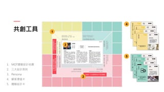 共創工具
1. MOT體驗設計地圖
2. 三大設計原則
3. Persona
4. 顧客價值卡
5. 體驗設計卡
3
1
2
4
5
 