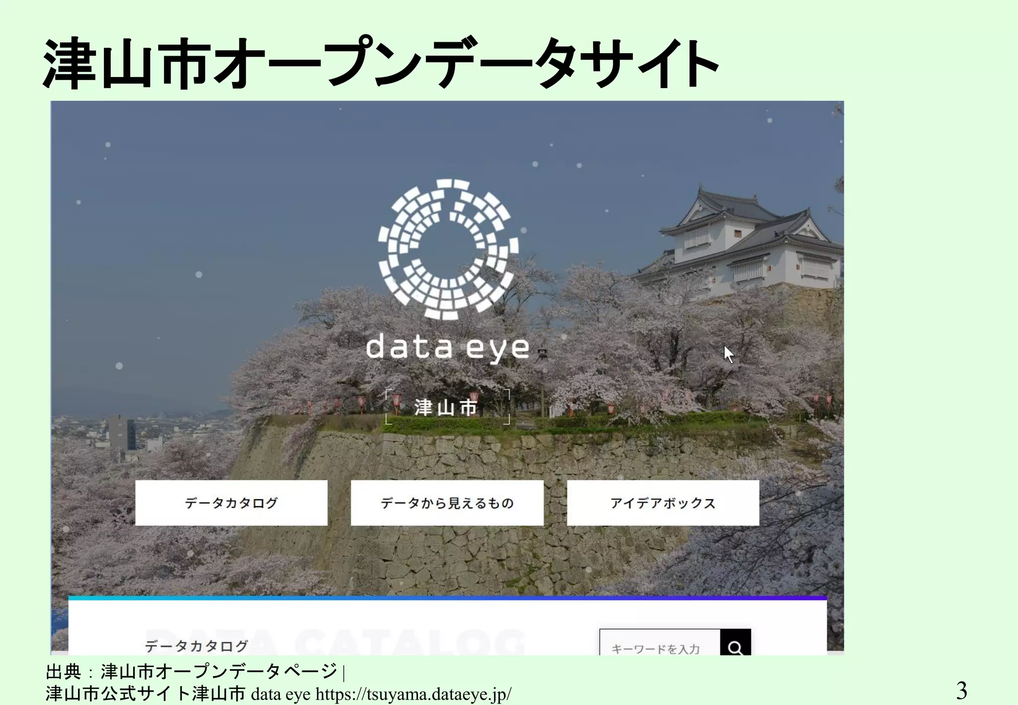 3
出典：津山市オープンデータページ |
津山市公式サイト津山市 data eye https://tsuyama.dataeye.jp/
津山市オープンデータサイト
 