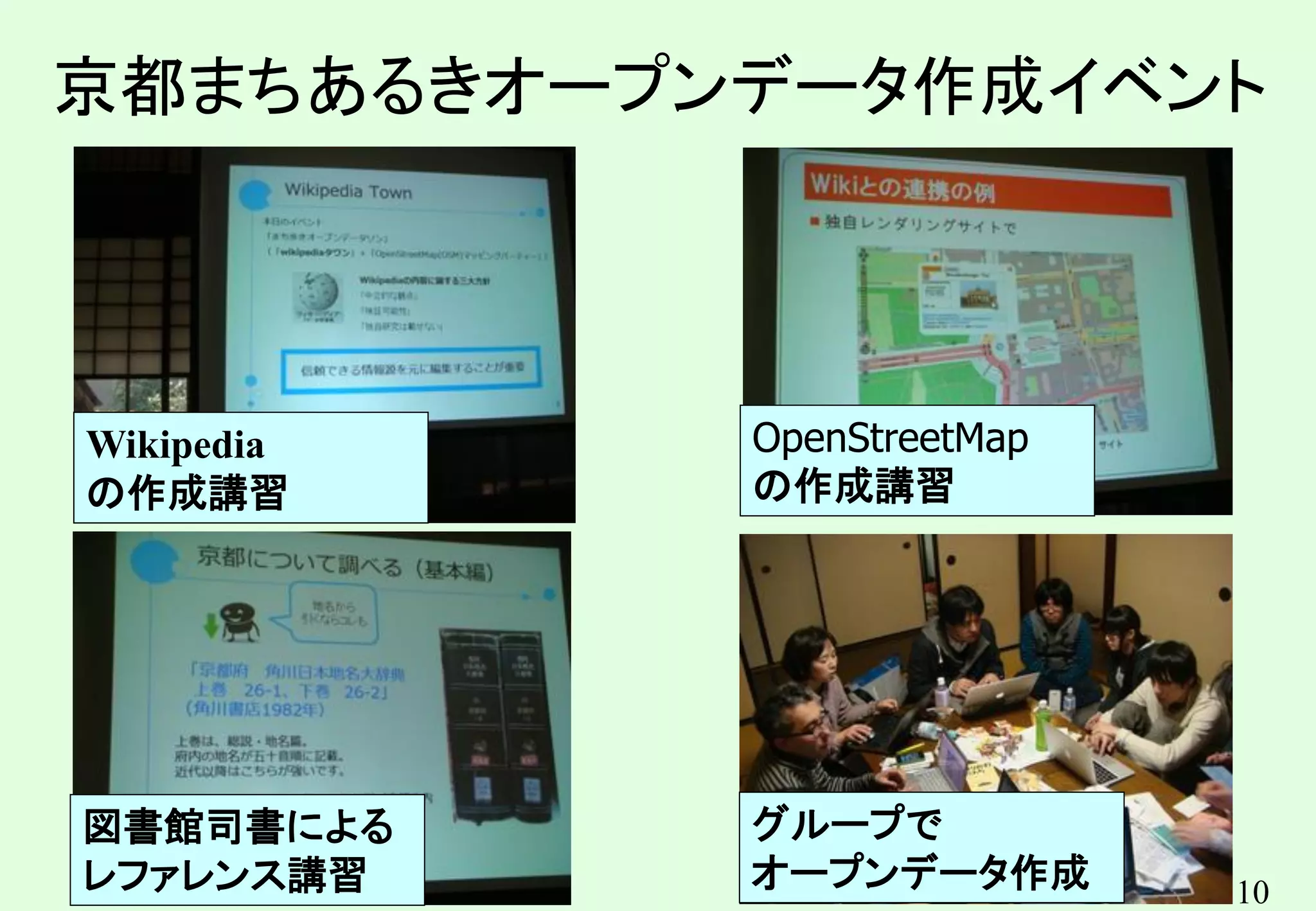 10
京都まちあるきオープンデータ作成イベント
図書館司書による
レファレンス講習
グループで
オープンデータ作成
OpenStreetMap
の作成講習
Wikipedia
の作成講習
 