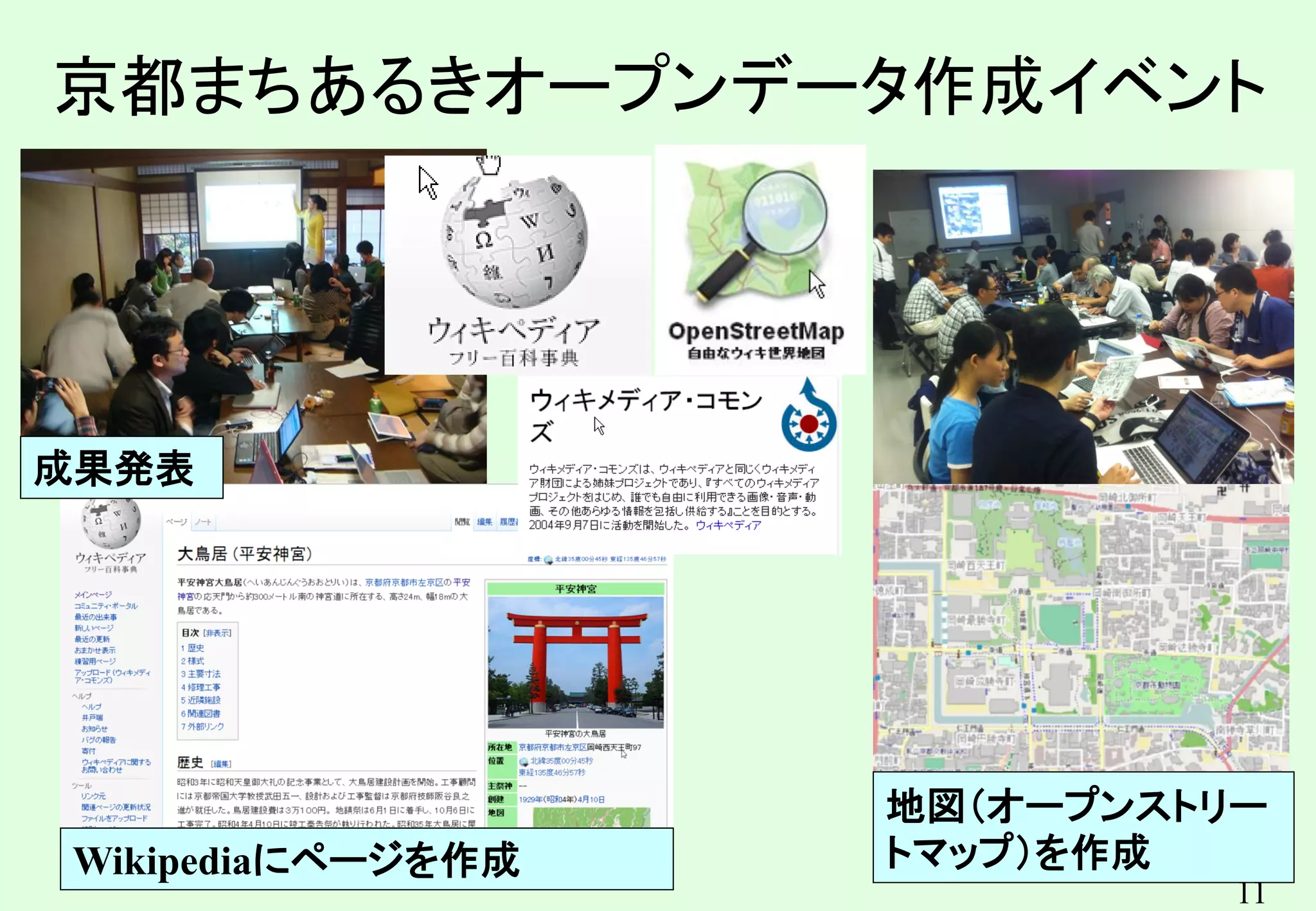 11
京都まちあるきオープンデータ作成イベント
地図（オープンストリー
トマップ）を作成
Wikipediaにページを作成
成果発表
 