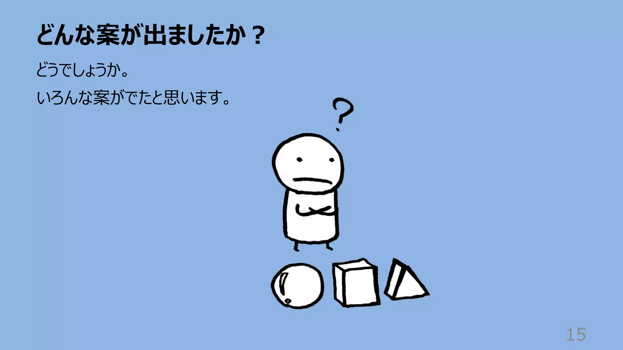 どんな案が出ましたか︖
15
どうでしょうか。
いろんな案がでたと思います。
 