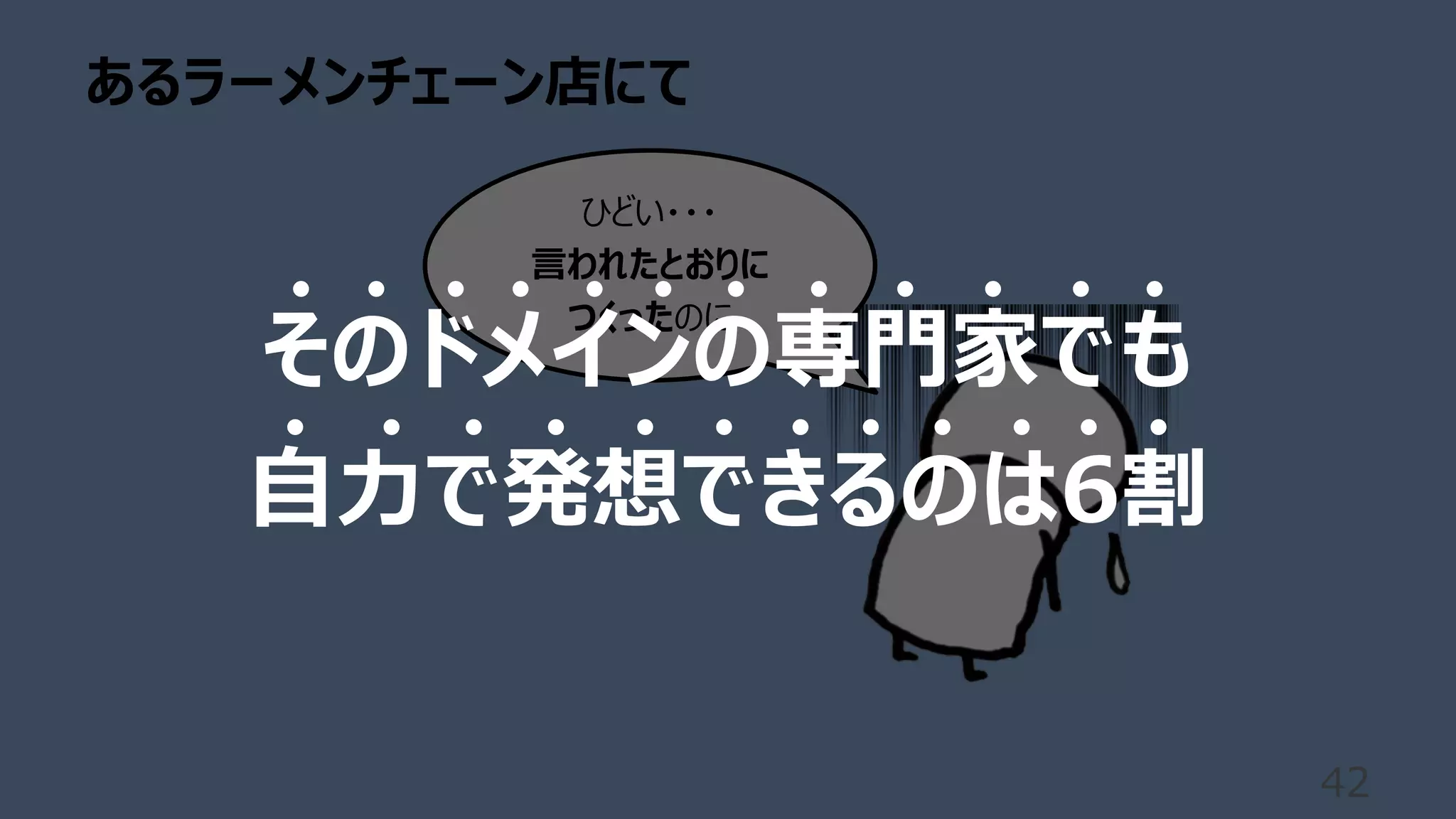 あるラーメンチェーン店にて
42
ひどい・・・
⾔われたとおりに
つくったのに
そのドメインの専⾨家でも
⾃⼒で発想できるのは6割
 