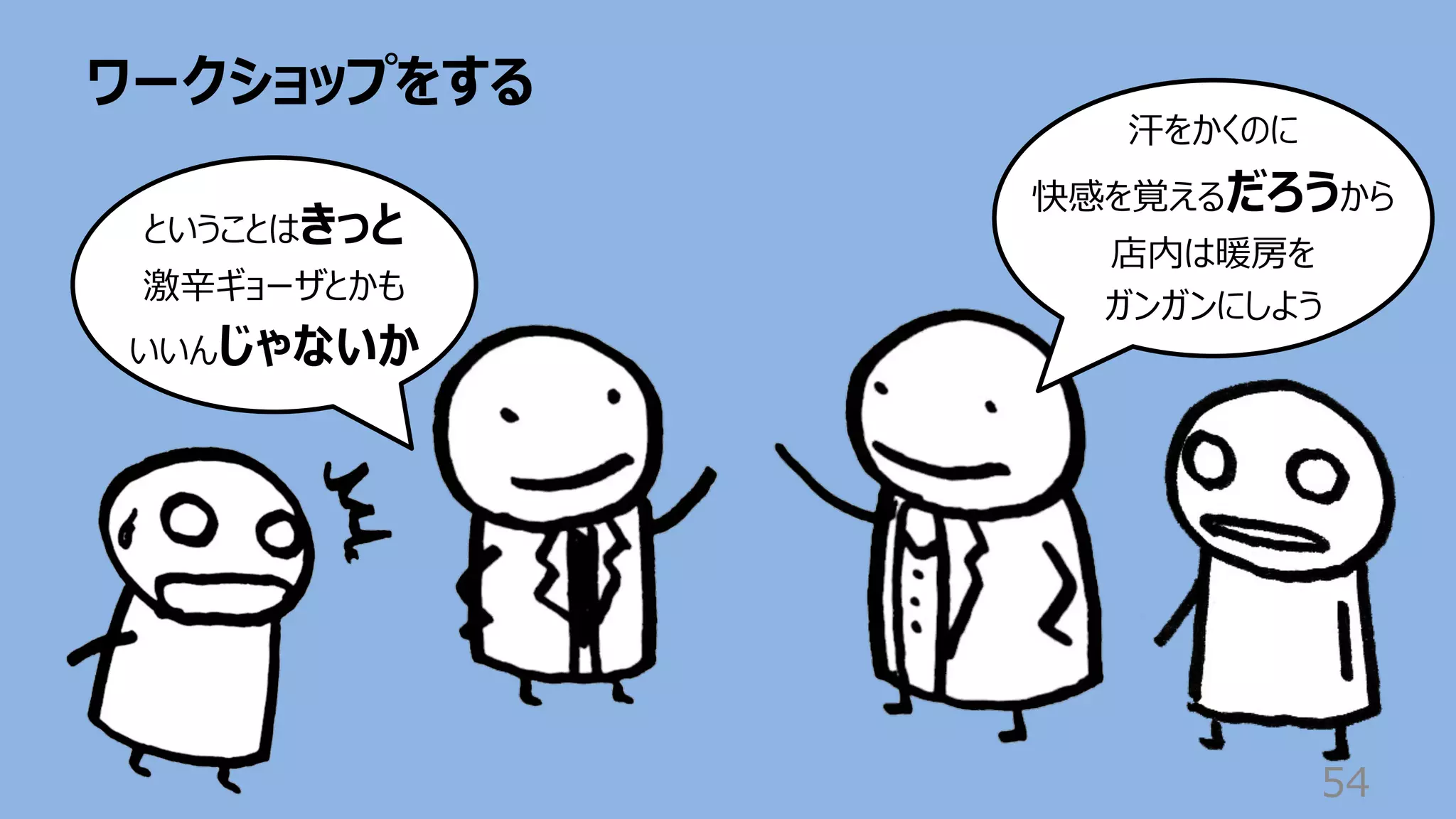 ワークショップをする
54
ということはきっと
激⾟ギョーザとかも
いいんじゃないか
汗をかくのに
快感を覚えるだろうから
店内は暖房を
ガンガンにしよう
 