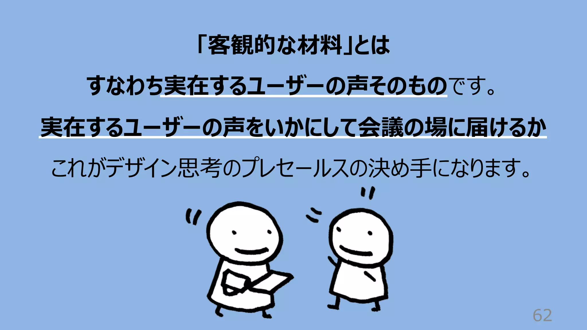 62
「客観的な材料」とは
すなわち実在するユーザーの声そのものです。
実在するユーザーの声をいかにして会議の場に届けるか
これがデザイン思考のプレセールスの決め⼿になります。
 