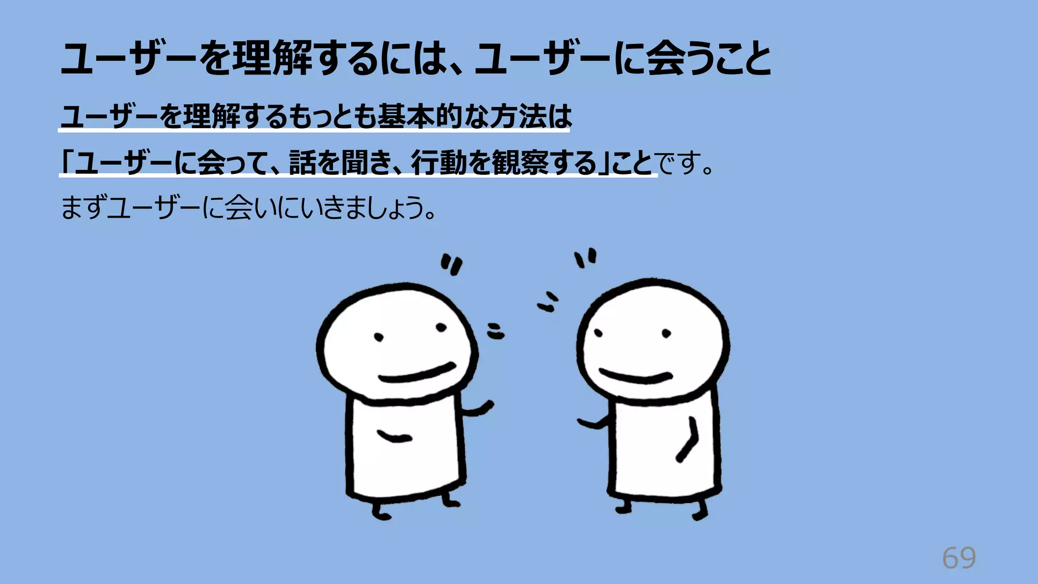 ユーザーを理解するには、ユーザーに会うこと
69
ユーザーを理解するもっとも基本的な⽅法は
「ユーザーに会って、話を聞き、⾏動を観察する」ことです。
まずユーザーに会いにいきましょう。
 