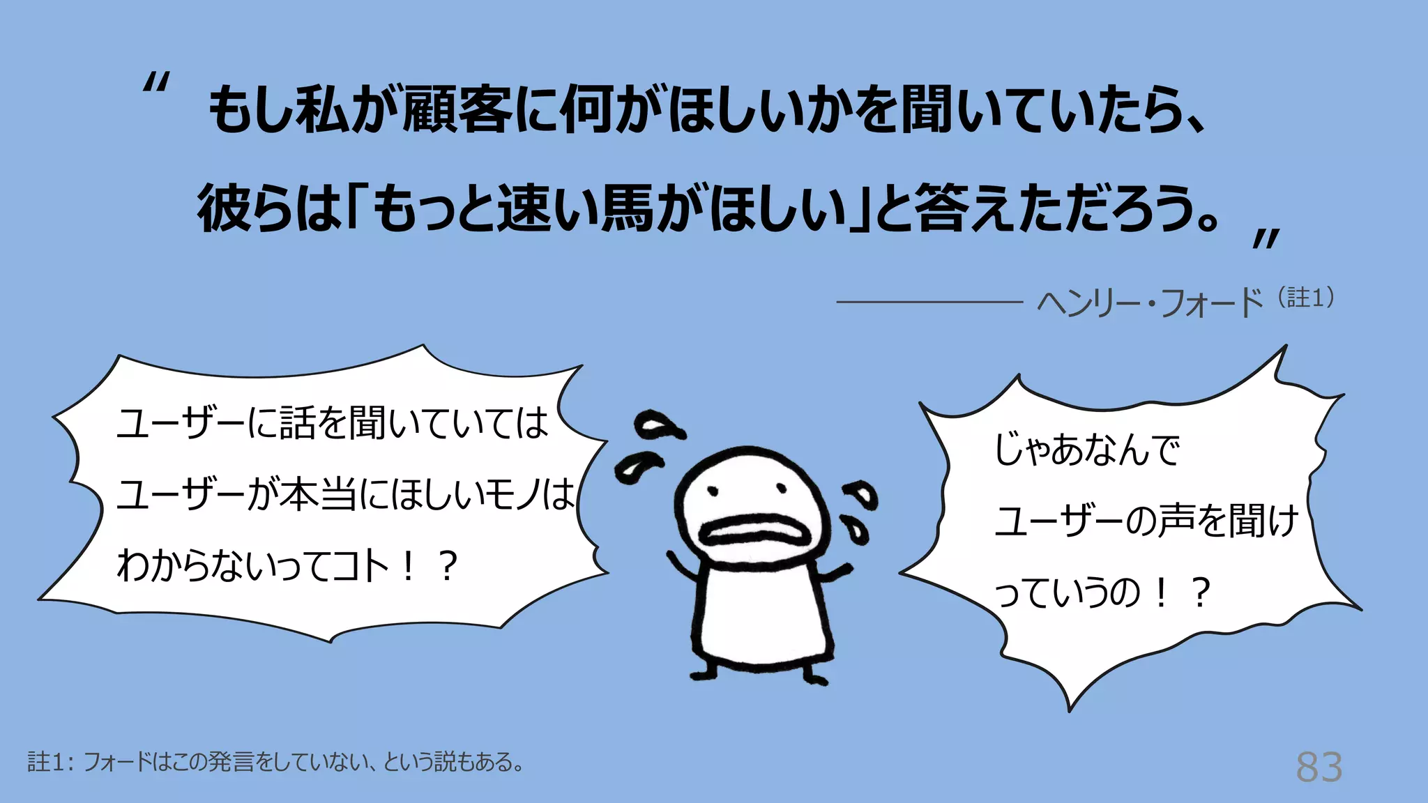 83
註1: フォードはこの発⾔をしていない、という説もある。
もし私が顧客に何がほしいかを聞いていたら、
彼らは「もっと速い⾺がほしい」と答えただろう。
ヘンリー・フォード（註1）
“
”
ユーザーに話を聞いていては
ユーザーが本当にほしいモノは
わからないってコト︕︖
じゃあなんで
ユーザーの声を聞け
っていうの︕︖
 