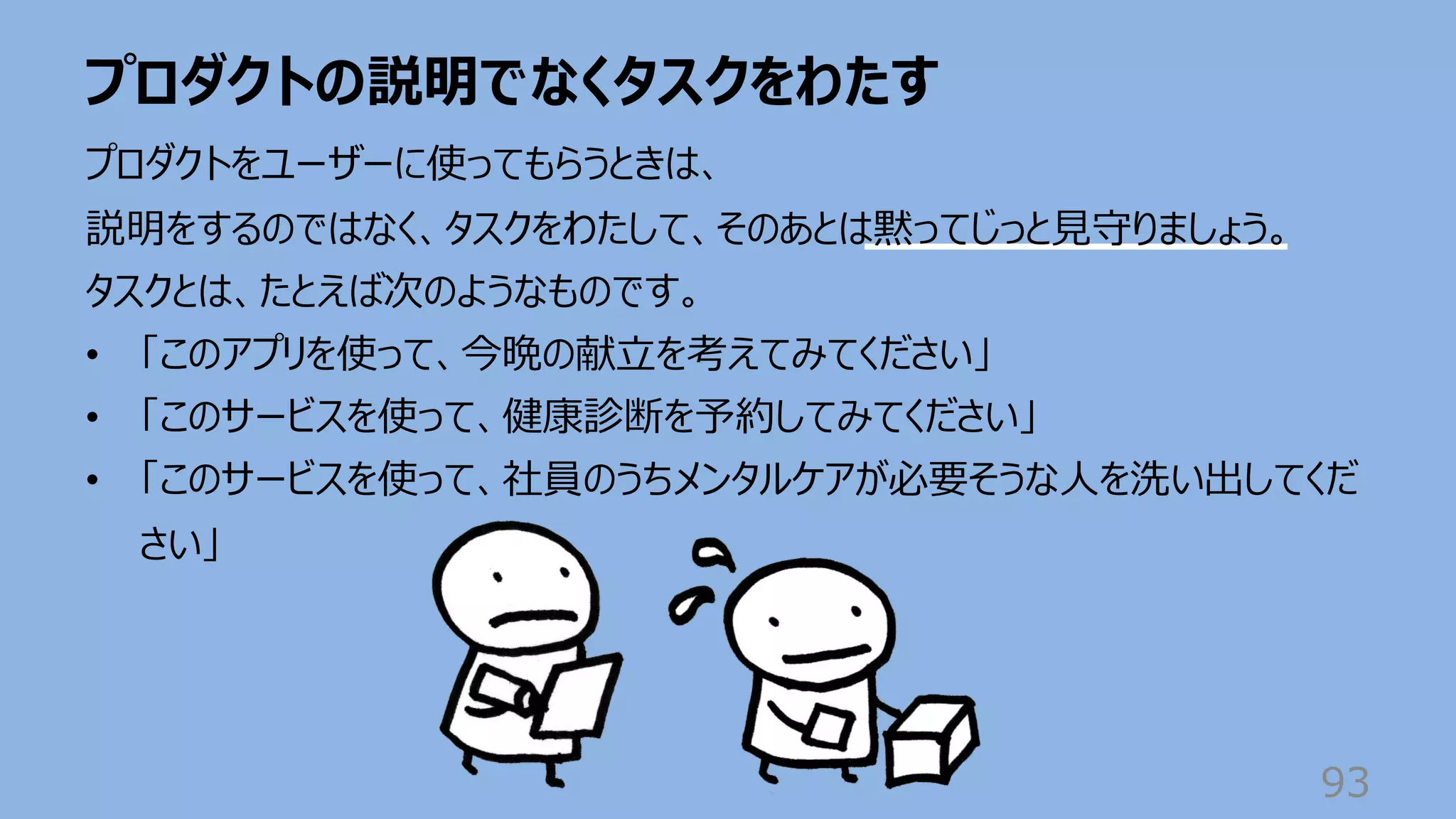 プロダクトの説明でなくタスクをわたす
93
プロダクトをユーザーに使ってもらうときは、
説明をするのではなく、タスクをわたして、そのあとは黙ってじっと⾒守りましょう。
タスクとは、たとえば次のようなものです。
• 「このアプリを使って、今晩の献⽴を考えてみてください」
• 「このサービスを使って、健康診断を予約してみてください」
• 「このサービスを使って、社員のうちメンタルケアが必要そうな⼈を洗い出してくだ
さい」
 