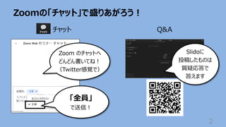 Zoomの「チャット」で盛りあがろう︕
2
Q&A
チャット
Zoom のチャットへ
どんどん書いてね︕
（Twitter感覚で）
「全員」
で送信︕
Slidoに
投稿したものは
質疑応答で
答えます
 