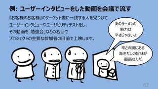 例: ユーザーインタビューをした動画を会議で流す
63
『お客様のお客様』のターゲット像に⼀致する⼈を⾒つけて
ユーザーインタビューやユーザビリティテストをし、
その動画を「勉強会」などの名⽬で
プロジェクトの主要な参加者の⽬前で上映します。
あのラーメンの
魅⼒は
⾟さじゃないよ
⾟さの奥にある
海⽼だしの旨味が
最⾼なんだ
 
