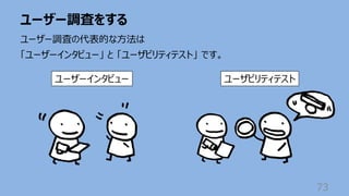 ユーザー調査をする
73
ユーザー調査の代表的な⽅法は
「ユーザーインタビュー」 と 「ユーザビリティテスト」 です。
ユーザーインタビュー ユーザビリティテスト
 