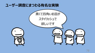 ユーザー調査にまつわる有名な実験
78
⿊くて四⾓いお⽫が
スタイリッシュで
欲しいです
 