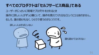 すべてのプロダクトは「セルフサービス商品」である
91
ユーザーがじっさいに現場でプロダクトをさわるとき
操作に詳しい⼈がずっと横にいて、操作を教えてくれるなどということはありません。
むしろ、誰の助けもなく、ひとりで使うのがふつうです。
誰も助けてはくれない
詳しい⼈はそばにいない
 