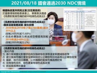 Copyright ITRI 工業技術研究院 10
2021/08/18 國會通過2030 NDC情境
新聞來源：https://reurl.cc/xG54K4
韓國執政黨共同民主黨(文在寅政府)
於國會環境勞動委員會上，單獨表決通過
《爲應對氣候危機的碳中和綠色成長法》
《爲應對氣候危機的碳中和綠色成長法》
-國家溫室氣體減量-量化目標
✓ 2030年比2018年(7億2760萬噸)減少
35%以上
(即較2005年減15.68%)
✓ 但政府應該努力將減排目標提高到較
2018年減少40%以上
(即較2005年減22.2%)
《爲應對氣候危機的碳中和綠色成長法》
- 質化內容
1) 進行氣候變化影響評估與加強碳吸收源等溫室氣體減排政策
2) 建立氣候危機社會安全網與指定公正轉型特別地區等公正轉型政策
3) 國家、地方自治團體、公共機關的氣候危機適應對策
4) 培育綠色技術、綠色產業等綠色成長政策
5) 新設氣候應對基金
 
