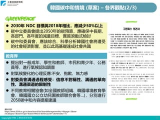 Copyright ITRI 工業技術研究院 13
⚫ 2030年 NDC 目標與2018年相比，應減少50%以上
⚫ 碳中立委員會提出2050年的碳預算，應確保中長期、
各部門、各年度的減量目標，實質滾動式檢討
⚫ 碳中和委員會，應該綜合、科學分析韓國社會將遭受
的社會經濟影響，並以此爲基礎達成社會共識
資料來源：
https://www.2050cnc.go.kr/base/board/list?boardManagementNo=4&page=2&sear
chCategory=&searchType=&searchWord=&menuLevel=2&menuNo=15
教育界
⚫ 提出對一般成年、學生和教師、市民和青少年、公務
員等，進行氣候認知調查
⚫ 對氣候變化的心理反應:不安、抱歉、無力感
⚫ 對委員會溝通過程感受：信息不對稱性、溝通的單向
性、溝通渠道的限制性
⚫ 不同教育相關協會(如全國教師組織、韓國環境教育學
會、韓國國立公立幼兒園教師聯合會等…)，分別進行
2050碳中和內容提案建議
韓國碳中和情境 (草案) – 各界觀點(2/3)
 