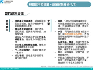 Copyright ITRI 工業技術研究院 19
部門政策目標
資料來源：https://www.2050cnc.go.kr/flexer/view/BOARD_ATTACH?storageNo=205
發
電
轉
型
− 價格中反應碳成本，如長期碳排
放交易制度，提高分配比例等、
短期電費燃料成本
− 擴大再生能源利用，強化法規、
區位規劃，居民參與行收益，加
強接受度
− 確保以再生能源為中心的供電系
統穩定性，建立電力市場監管機
構
− 制定化石燃料轉型規劃，強化社
會討論確定停止時間
− 下一代能源技術，商業化降低碳
中和成本
− 檢討電價，誘導全民參與節電，
減少電力需求
韓國碳中和情境 – 政策背景分析(4/5)
工
業
− 鋼鐵：100%使用綠氫煉鐵技術。
用氫還原鋼與電弧爐完全取代高
爐，並用綠氫代替煙煤、並減少
碳酸鈣的用量
− 水泥：利用廢合成樹脂（廢塑料
等）和氫熱源轉化為燃料，透過
使用碳酸鈣原料和混合原料進行
原料轉型
− 石油化工、煉油：透過生物與氫
原料利用燃料轉換和石油腦原料，
加強廢塑料利用，並促成煉油、
塑料、橡膠工業的結構性轉型
− 其他：能源效率、智慧工廠、智
慧管理系統
− 碳排放交易制度和綠色金融，將
有償分配的收益再投資於企業，
建立指引引導企業自願參與
 