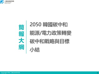 Copyright ITRI 工業技術研究院
2050 韓國碳中和
能源/電力政策轉變
碳中和戰略與目標
小結
2
簡
報
大
綱
 