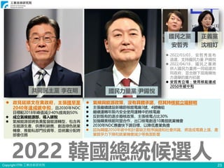 Copyright ITRI 工業技術研究院 23
國民力量黨 尹錫悅
共同民主黨 李在明
國民之黨
安哲秀
正義黨
沈相奵
⚫ 2022/03/03，安哲秀宣布
退選，支持國民力量 尹錫悅
⚫ 2022/04/18，國民之黨將
併入國民力量將一同組建共
同政府，並合辦下屆南韓地
方選舉的黨內初選
⚫ 安哲秀立場：使用核能達成
2050年碳中和
2022 韓國總統候選人
⚫ 氣候與能源政策，沒有具體承諾，但其持核能立場鮮明
⚫ 主張繼續建設新韓蔚核能電廠3號、4號機組
⚫ 繼續運轉年限內安全使用運轉中的核電廠
⚫ 反對既有的逐步廢核政策，主張核電占比30%
⚫ 加強韓美核能同盟合作，出口核電創造10萬個就業機會
⚫ 2030年NDC應盡快下調目標，以降低產業負擔
⚫ 認為韓國2050年碳中和計畫缺乏程序論證和社會共識，將造成電費上漲、產
業競爭力下降和就業機會減少等負面影響
⚫ 政見延續文在寅政府，主張提早至
2040年達成碳中和，且2030年NDC
目標較2018年峰值減少40%提高到50%
⚫ 成立氣候能源部，導入碳稅
⚫ 氣候能源部將負責監督能源轉型，包含再
生能源生產、供應和銷售、創造綠色就業
機會、推動私部門投資等，並統籌分配跨
部會任務
 