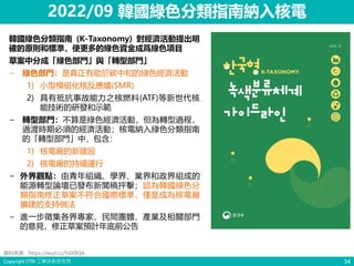 Copyright ITRI 工業技術研究院 34
2022/09 韓國綠色分類指南納入核電
韓國綠色分類指南 (K-Taxonomy) 對經濟活動提出明
確的原則和標準，使更多的綠色資金成爲綠色項目
草案中分成「綠色部門」與「轉型部門」
− 綠色部門：是真正有助於碳中和的綠色經濟活動
1) 小型模組化核反應爐(SMR)
2) 具有抵抗事故能力之核燃料(ATF)等新世代核
能技術的研發和示範
− 轉型部門：不算是綠色經濟活動，但為轉型過程，
過渡時期必須的經濟活動；核電納入綠色分類指南
的「轉型部門」中，包含：
1) 核電廠的新建設
2) 核電廠的持續運行
− 外界觀點：由青年組織、學界、業界和政界組成的
能源轉型論壇已發布新聞稿抨擊；認為韓國綠色分
類指南修正草案不符合國際標準，僅是成為核電廠
擴建的支持做法
− 進一步徵集各界專家、民間團體、產業及相關部門
的意見，修正草案預計年底前公告
資料來源：https://reurl.cc/YdXRQ4
 