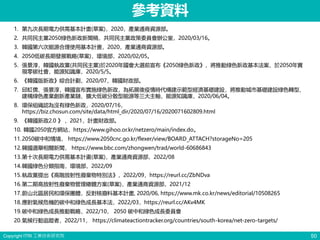 Copyright ITRI 工業技術研究院 50
參考資料
1. 第九次長期電力供需基本計畫(草案)，2020，產業通商資源部。
2. 共同民主黨2050綠色新政新聞稿，共同民主黨政策委員會辦公室，2020/03/16。
3. 韓國第六次能源合理使用基本計畫，2020，產業通商資源部。
4. 2050低碳長期發展戰略(草案)，環境部，2020/02/05。
5. 張景淳，韓國執政黨(共同民主黨)於2020年國會大選前宣布《2050綠色新政》，將推動綠色新政基本法案，於2050年實
現零碳社會，能源知識庫，2020/5/5。
6. 《韓國版新政》綜合計劃，2020/07，韓國財政部。
7. 邱虹儒、張景淳，韓國宣布實施綠色新政，為拓展後疫情時代構建示範型經濟基礎建設，將推動城市基礎建設綠色轉型、
建構綠色產業創新產業鏈、擴大低碳分散型能源等三大主軸，能源知識庫，2020/06/04。
8. 環保組織認為沒有綠色新政，2020/07/16，
https://biz.chosun.com/site/data/html_dir/2020/07/16/2020071602809.html
9. 《韓國新政2.0 》 ，2021，計畫財政部。
10. 韓國2050官方網站，https://www.gihoo.or.kr/netzero/main/index.do。
11.2050碳中和情境， https://www.2050cnc.go.kr/flexer/view/BOARD_ATTACH?storageNo=205
12.韓國選舉相關新聞， https://www.bbc.com/zhongwen/trad/world-60686843
13.第十次長期電力供需基本計畫(草案)，產業通商資源部，2022/08
14.韓國綠色分類指南，環境部，2022/09
15.執政黨提出《高階放射性廢棄物特別法》，2022/09，https://reurl.cc/ZbNDva
16.第二期高放射性廢棄物管理總體方案(草案)，產業通商資源部，2021/12
17.蔚山北區居民和環保團體，反對核廢料基本計畫, 2020/06, https://www.mk.co.kr/news/editorial/10508265
18.應對氣候危機的碳中和綠色成長基本法，2022/03，https://reurl.cc/AKv4MK
19.碳中和綠色成長推動戰略，2022/10， 2050 碳中和綠色成長委員會
20.氣候行動追蹤者，2022/11， https://climateactiontracker.org/countries/south-korea/net-zero-targets/
 
