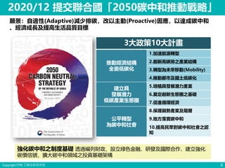 Copyright ITRI 工業技術研究院 6
2020/12 提交聯合國「2050碳中和推動戰略」
強化碳中和之制度基礎 透過編列財政、設立綠色金融、研發及國際合作，建立強化
碳價信號，擴大碳中和領域之投資基礎架構
願景：自適性(Adaptive)減少排碳，改以主動(Proactive)因應，以達成碳中和
、經濟成長及提高生活品質目標
3大政策10大計畫
推動經濟結構
全面低碳化
1.加速能源轉型
2.創新高碳排之產業結構
3.轉型為未來移動(Mobility)
4.推動都市及國土低碳化
建立具
發展潛力
低碳產業生態圈
5.培植具發展潛力產業
6.奠定創新生態圈之基礎
7.促進循環經濟
公平轉型
為碳中和社會
8.保護弱勢產業及階層
9.地方落實碳中和
10.提高民眾對碳中和社會之認
知
 