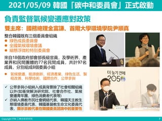 Copyright ITRI 工業技術研究院 7
2021/05/09 韓國「碳中和委員會」正式啟動
負責監督氣候變遷應對政策
雙主席：國務總理金富謙、首爾大學環境學院尹順真
整合韓國既有三個委員會組織
⚫ 綠色成長委員會
⚫ 全國氣候環境會議
⚫ 細懸浮微粒特別委員會
來自18個政府部會部長級官員，及學術界、產
業界和民間團體的77名民間成員，共計97名
成員，分別組成8個委員小組
⚫ 氣候變遷、能源創新、經濟產業、綠色生活、製
程改善、科學技術、國際合作、公眾參與
✓ 公眾參與小組納入成員背景除了社會相關組織
以外(如衝突解決研究院、社會合作社、氣候
變遷青年團、綠色消費者代表等)
✓ 亦納入佛教市民社會網絡代表、韓國天主教生
態環境委員代表、韓國基督教生命文化委員代
表，顯示宗教代表在韓國委員諮詢中的重要性
 