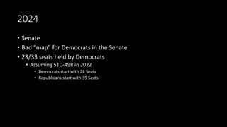 2024
• Senate
• Bad “map” for Democrats in the Senate
• 23/33 seats held by Democrats
• Assuming 51D-49R in 2022
• Democrats start with 28 Seats
• Republicans start with 39 Seats
 