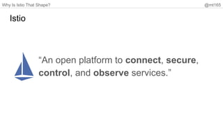 Why Is Istio That Shape? @mt165
Istio
“An open platform to connect, secure,
control, and observe services.”
 