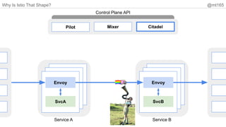 Why Is Istio That Shape? @mt165
Envoy
SvcA
Envoy
SvcB
Pilot Mixer Citadel
Control Plane API
Service A Service B
 
