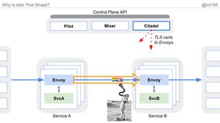 Why Is Istio That Shape? @mt165
Envoy
SvcA
Envoy
SvcB
Pilot Mixer Citadel
Control Plane API
Service A Service B
TLS certs
to Envoys
 