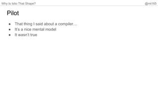 Why Is Istio That Shape? @mt165
Pilot
● That thing I said about a compiler…
● It’s a nice mental model
● It wasn’t true
 